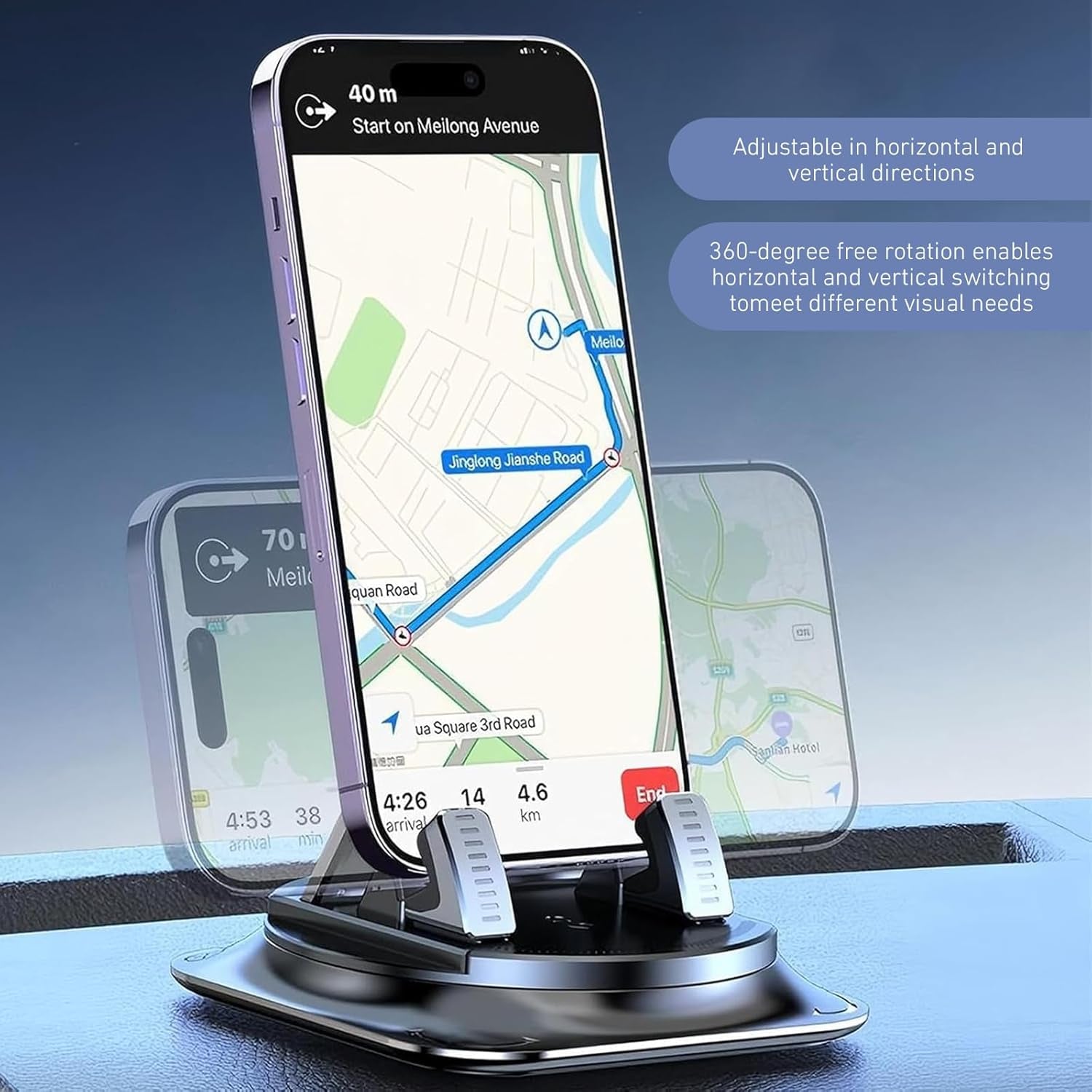 Car Phone Holder 360 Degree Rotation, Non-Slip Car Navigation Mount, Car Phone Mount with Double Layer Pad, Universal for Most Cars, Suvs, Trucks (Black)